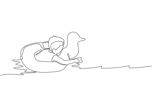 Single continuous line drawing of young happy boy playing with floating ring in gym swimming pool center. Summer holidays and vacation concept. Trendy one line draw graphic design vector illustration