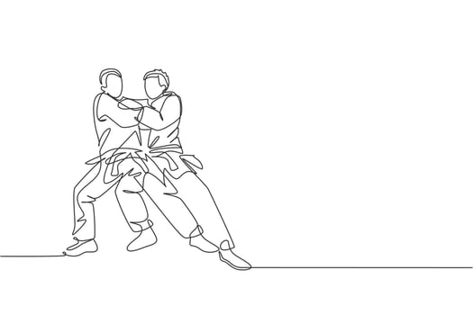 One continuous line drawing of two young sporty men training judo technique at sport hall. Jiu jitsu battle fight sport competition concept. Dynamic single line draw design graphic vector illustration