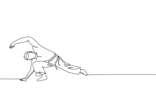 One single line drawing of young energetic man capoeira dancer perform dancing fight vector illustration graphic. Traditional martial art lifestyle sport concept. Modern continuous line draw design