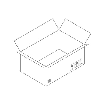 Black outline vector box on white background. Empty cardboard box opened isolated on white background.