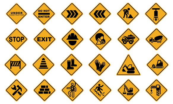 Set of Construction signs. warnings, safety procedures, wear a safety helmets, no entry to unauthorized personnel, safety helmets, boots, safety harness, gloves must be worn at all times, etc vector