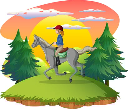 A girl riding on a horse at natural scene vector