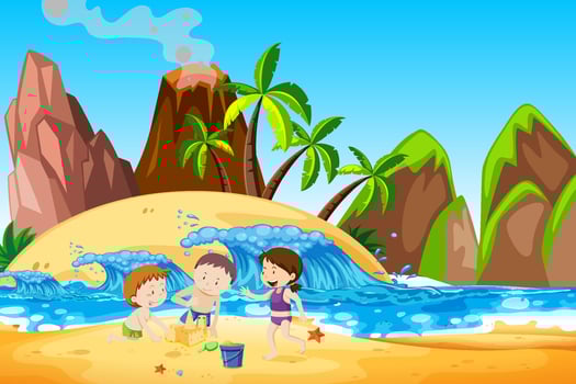 Kids building sand castle on the beach vector
