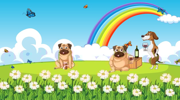 Outdoor park scene with many dogs and camels vector
