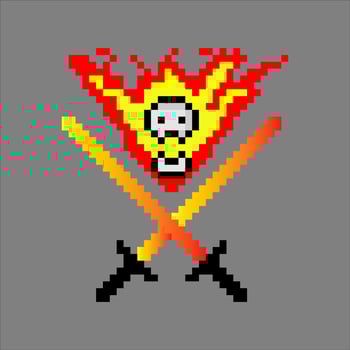 Pixel art with fire skull head and crossed swords icon. Vector illustration.