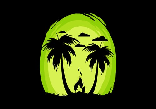 Silhouette of bonfire and coconut trees on the beach vector