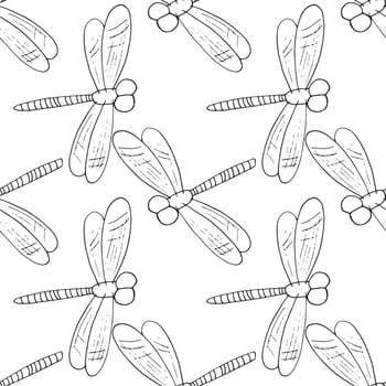 dragonfly seamless pattern. hand drawn doodle style. , minimalism, monochrome, sketch. insect, flies wallpaper digital paper wrapping textile texture vector