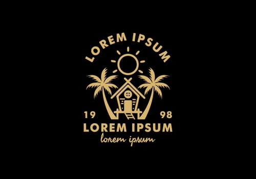 Simple house on the beach line art with lorem ipsum text vector