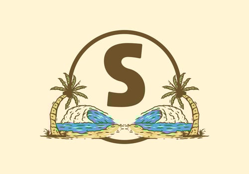 Sea wave and coconut tree line art drawing with S initial letter vector