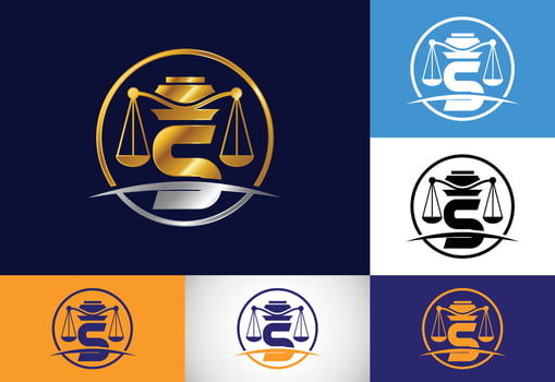 Initial S monogram alphabet with law scale sign symbol. Law office vector logo design template