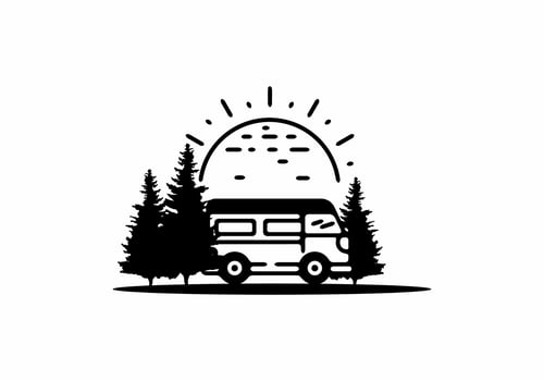 Travel van in the jungle line art illustration vector