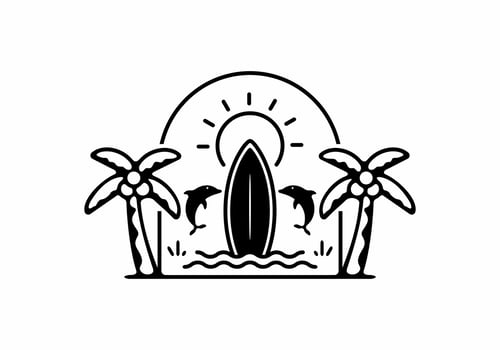 Surfing board and dolphins badge line art vector