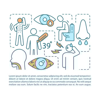 Allergy symptoms article page vector template. Fever, contact dermatitis, diarrhea. Brochure, magazine, booklet design element with icons, text box. Print design. Concept illustrations with text space