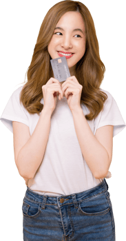 woman in white t-shirt and holding mockup credit card. png