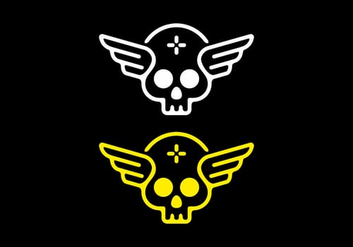 White and yellow illustration of skeleton head with dark background vector