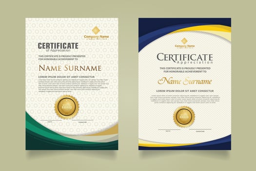 Set modern certificate template with futuristic and elegant color wave shape on the ornament and modern pattern background vector