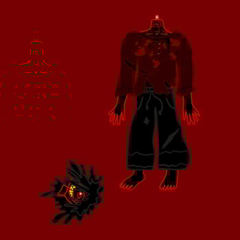 Vector illustration of a traditional Indonesian ghost named Kepala buntung on a red background