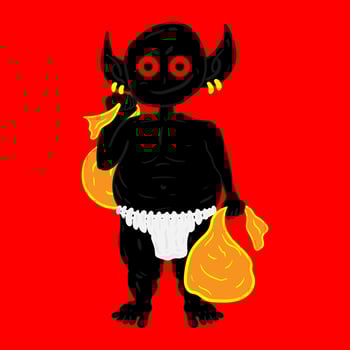 Vector illustration of a traditional Indonesian ghost named Tuyul on a red background
