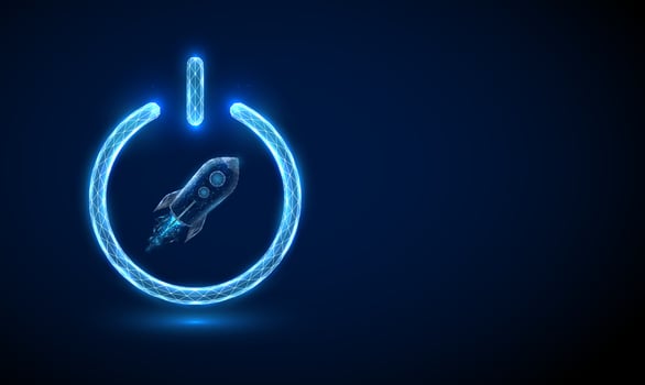 Abstract rocket flying in the space inside power button. vector