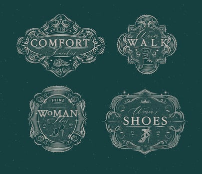 Shoes labels vintage with inscriptions comfort sneakers, warm walk, woman footwear drawing in retro style on green background vector