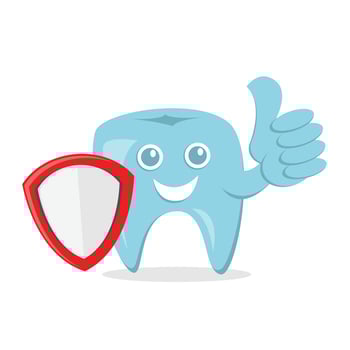 dental protection cartoon vector illustration with smile face and shield and thumbs up hand, good for dental health care. flat color style