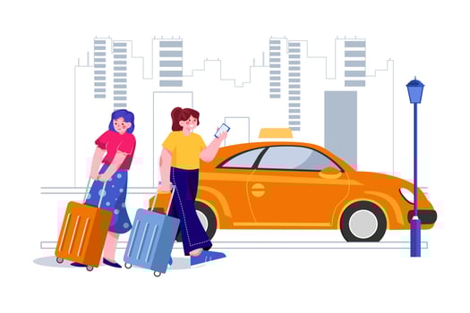 Women are dragging their luggage in a smartphone standing near the car. vector
