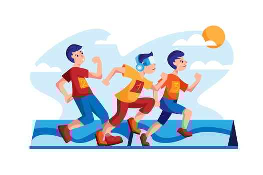 Friends running race by wearing VR headset vector