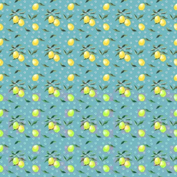 Seamless yellow lemons pattern. Blue color background, juicy lemons, white flowers and green leaves.  Flat vector texture. Beautiful print for textiles and wallpaper.