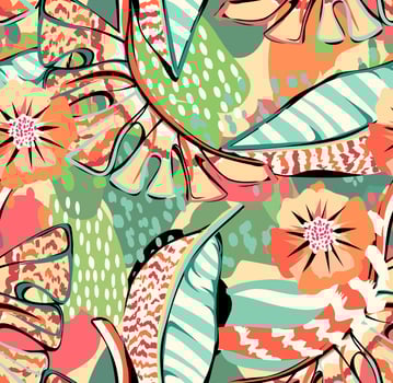 tropical pattern with multicolored hand drawn elements and funny background. tropical leaves pattern for textil and decoration vector