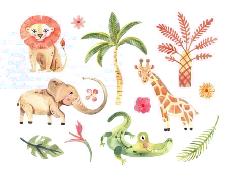 Watercolor composition with African animals and natural elements. Lion, elephant, alligator, giraffe, palm trees, flowers. Safari wild creatures. Jungle, tropical illustration for nursery wallpaper vector