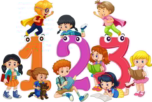 A children are playing and reading books in scene with Number on white background vector