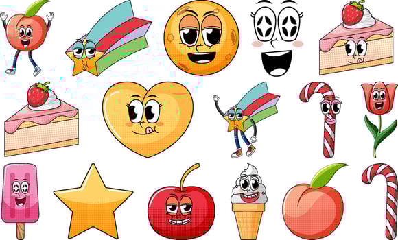 Set of facial expression with vintage style food cartoon on white background vector