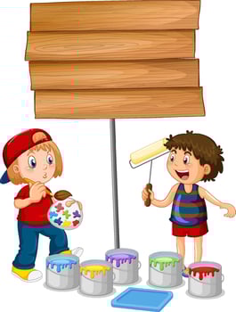 Two kids painting wooden sign vector