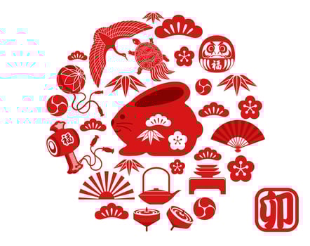 The Year Of The Rabbit Icon And Other Japanese Vintage Lucky Charms Celebrating The New Year. Text Translation - Fortune. The Rabbit. vector