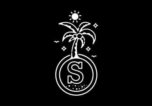 White black line art illustration of coconut tree in the beach with S initial letter vector