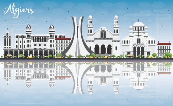 Algiers Skyline with Gray Buildings, Blue Sky and Reflections. vector