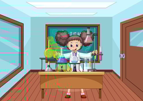 Classroom scene with scientist doing experiment vector