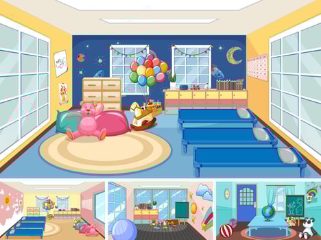 Set of different kindergarten classroom scenes vector