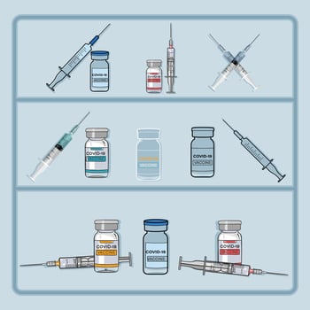Set of Covid 19 vaccine bottle, syringe and  needle vector icons