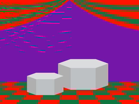 The purple backdrop consists of curtains and a red and green floor with a display stand. vector