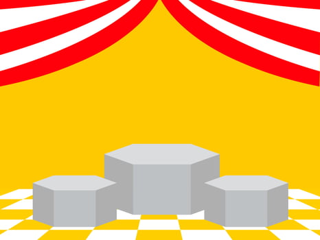 Product display podium with red and white curtains and orange and white grid floor vector