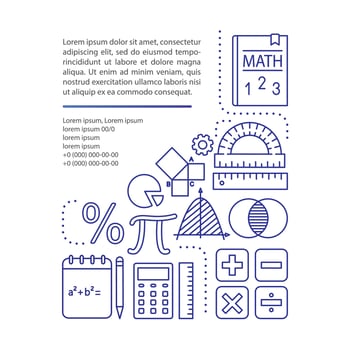 Basic mathematics course article page vector template. Algebra, geometry. Brochure design element with linear icons and text boxes. Print design. Concept illustrations with text space