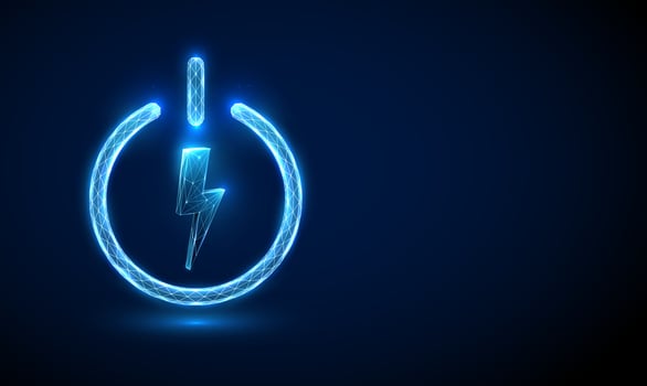Abstract blue lightning in the power button.  Low poly style design. Geometric background. Wireframe light connection structure. Modern 3d graphic. Vector illustration.