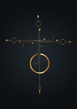 Gold Linear Minimalist Asymmetrical Cross. Sacred Geometry, Mystical Center, abstract esoteric golden religious sign, pagan icon vector illustration isolated on black background