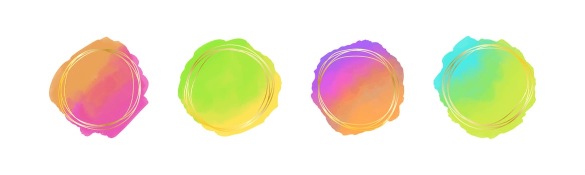 Golden frames set with abstract watercolor blots on the background. Vector background
