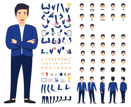 Cartoon businessman character standing and posing with animation set with different position poses lips sync for mouth animation hands set legs set isolated vector
