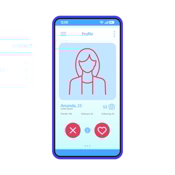 Dating app profile interface vector template. Mobile app interface blue design layout. Online dating smartphone application. Flat UI. Phone display with woman's profile information