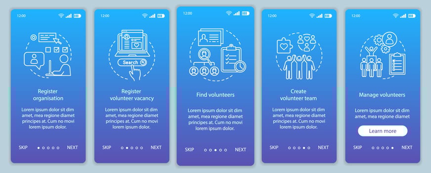 Volunteering onboarding mobile app page screen vector template. Humanitarian help. Volunteer program walkthrough website steps with linear illustrations. UX, UI, GUI smartphone interface concept