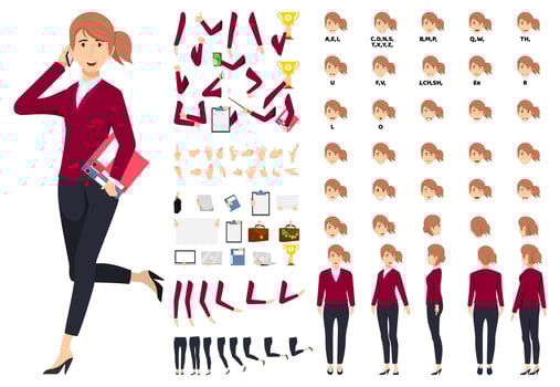 Cartoon businesswoman character standing with file folder and talking with phone with animation set with different position poses lips sync for mouth animation hands set legs set isolated vector