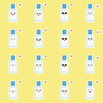cute and kawaii disinfection or and sanitizer bottle, washing gel. Vector illustration suitable for hygiene, disinfect, medical, clean life, anti virus, bacteria, health care, disease spread, germs